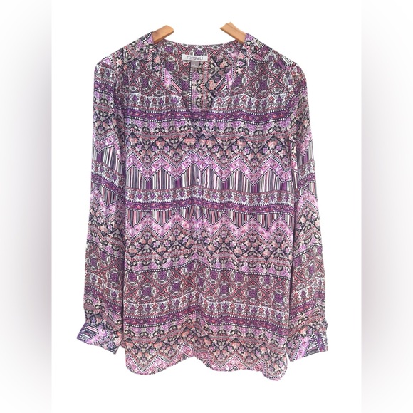 Roz & Ali Womens Purple Multicolored Long Sleeve Sheer Blouse Size L. - Picture 1 of 13